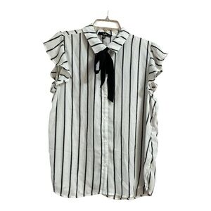 Lulus Women’s Striped Black and White Women's Flutter Sleeve Blouse, XL